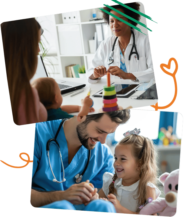 Collage of pediatric healthcare providers interacting with young children during friendly medical visits.