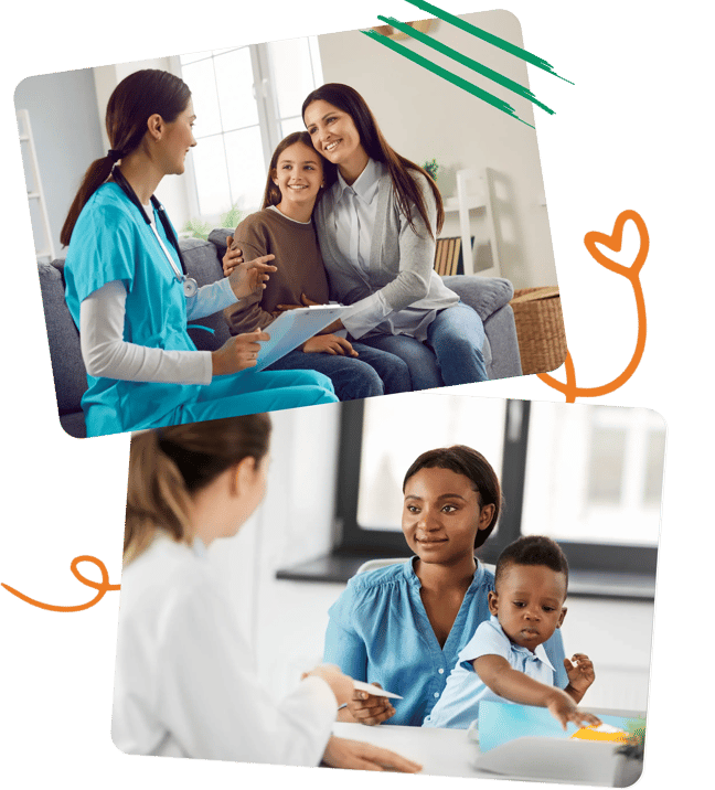 Collage of healthcare providers meeting with children and parents during pediatric visits.