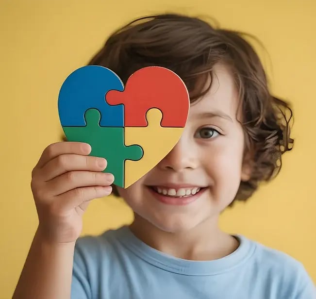Smiling child holding a colorful heart-shaped puzzle.
